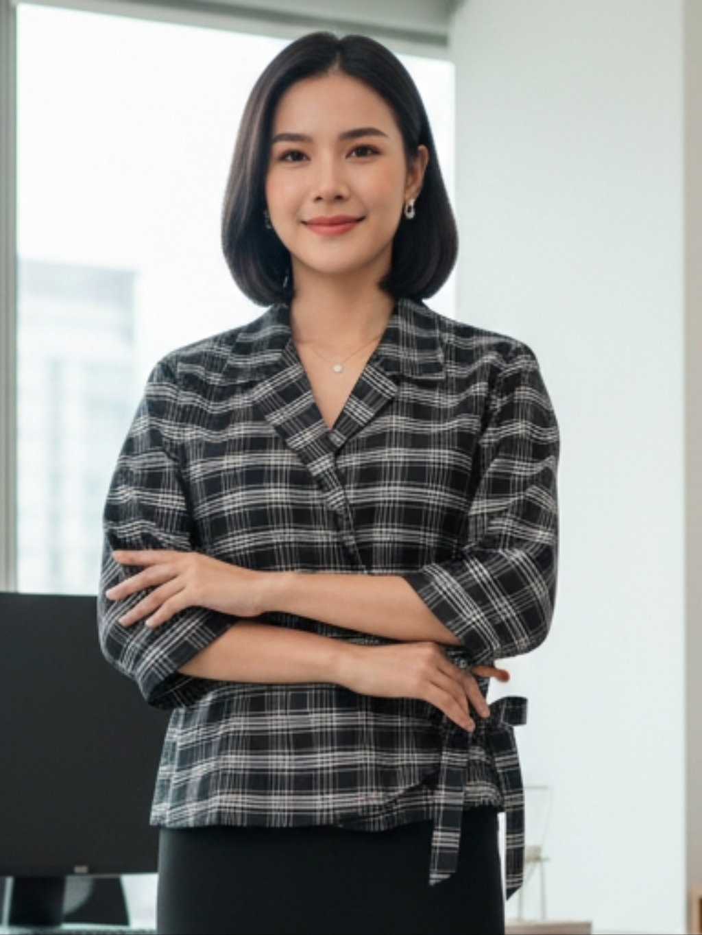 Black Plaid Wrap-Front Blouse With Side Tie Detail